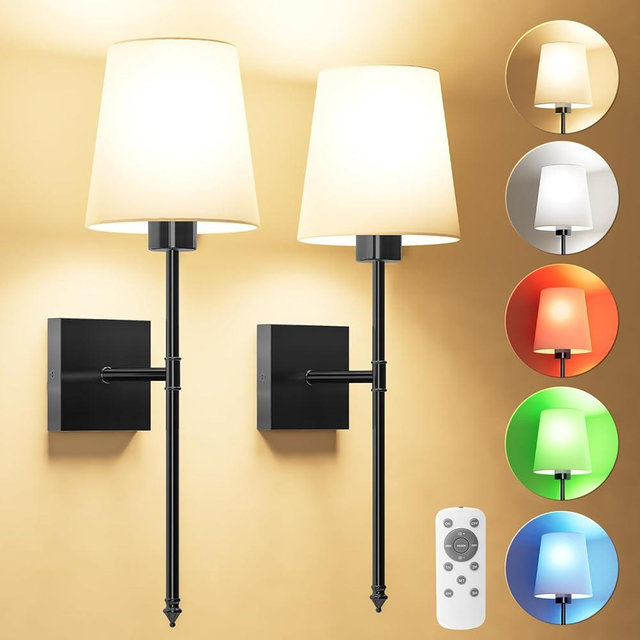 JOFIOS Battery Operated Wall Sconce Set of 2, Black Rechargeable Wall Sconce with Detachable Bulbs and Fabric Shade, Dimmable Sconce Wall Decor Lights with Remote for Bedroom, Living Room, Entryway