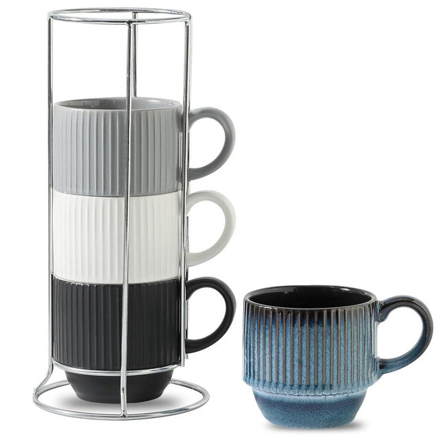 Hasense Ceramic Coffee Mug Set of 4 with Rack - 12 oz Stackable Coffee Cups Ceramic - Modern Ribbed Latte Cup Sets for Cappuccino, Tea, Hot Cocoa, Drinks - Wedding & Housewarming Gifts Multi Colors