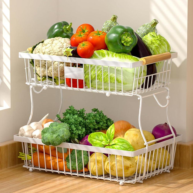 Astrorhine 2 Tier Fruit Basket for Kitchen with 2 Banana Hangers, Detachable Metal Fruit Bowl for Kitchen Counter with Wooden Handle, Large Capacity Storage Stand for Bread Snack Fruit Veggies, White