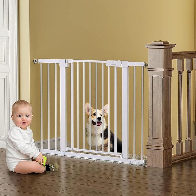 Dog Gates for The House and Doorways 27-43" Wide, BabyBond Baby Gate for Stairs, Baby Gates Extra Wide for Indoor, Auto Close Safety Pet Gate, with Extenders and Hardware/Pressure mounting Kit, White