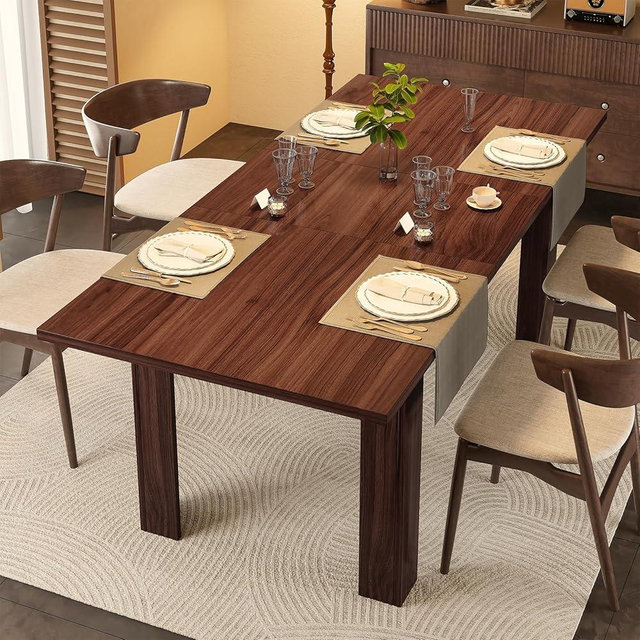 Miereirl 59"–77" Extendable Farmhouse Dining Table for 6–8, Space-Saving Rectangular Kitchen Table with Easy Pull-Out Extension for Family Meals, Work & Everyday Use (Walnut)