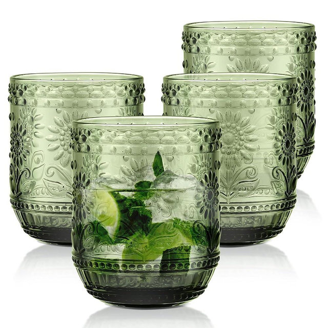 Joeyan Vintage Drinking Glasses,Green Water Glass Cups,Embossed Floral Colored Glassware,Cocktail Juice Beverages Whiskey Tumbler,Hobnail Textured Drinkware Set of 4,12 oz,Dishwasher Safe