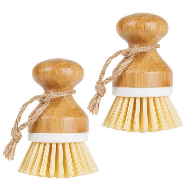 mDesign Bamboo Wood Round Mini Palm Scrub Brush, Stiff Bristles - Wet Cleaning Scrubber - Wash Dishes, Pots, Pans, Vegetables - for Kitchen, Bathroom, Household Cleaning - 2 Pack - White/Natural Wood