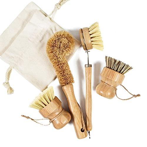 LESES Dish Brush Bamboo Dish Scrub Brush with Handle Natural Cleaning Brushes for Cleaning Dish, Bottle, Pots, Pans