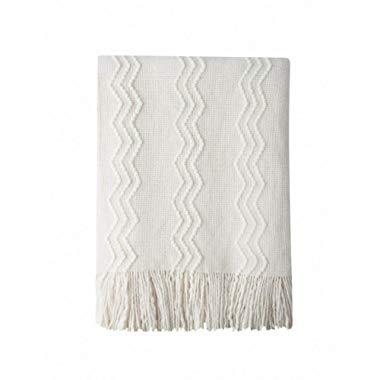 BOURINA Textured Solid Soft Sofa Throw Couch Cover Knitted Decorative Blanket, 60" x 80",White