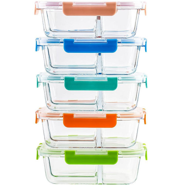 HAKEEMI 5-Pack,3 Compartment Glass Meal Prep Containers Set,34oz, Divided Food Storage Containers with Lids, Glass Lunch Box with 3 Dividers