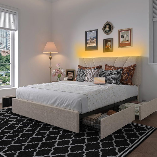Novilla Queen Bed Frame with Drawers, Queen Bed Frame with Headboard, LED Bed Frame Queen Size, Charging Station and Adjustable Headboard Bed Frame Queen Size, No Box Spring Needed, Beige