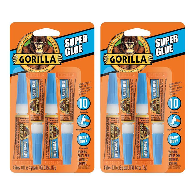 Gorilla Super Glue, Clear Glue, Four 3 Gram Tubes (Pack of 2) - All Purpose and Fast Setting for Projects and Repairs