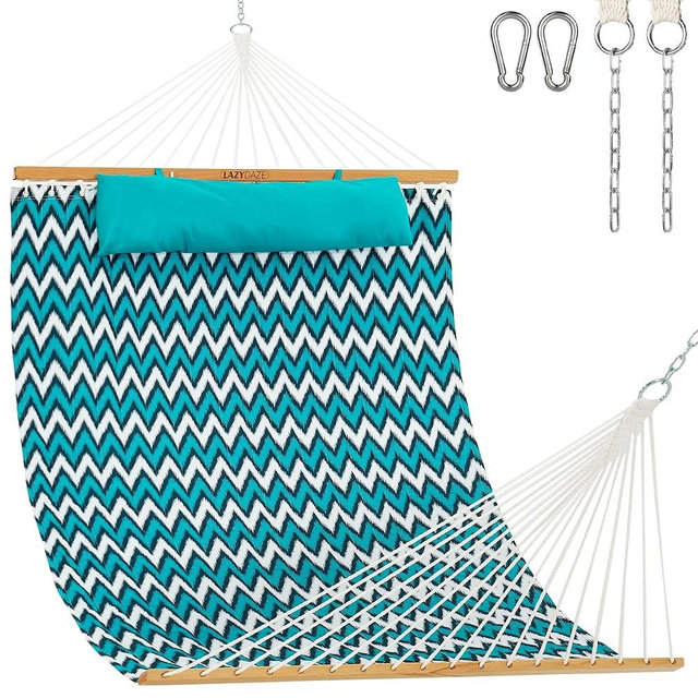 Lazy Daze Hammocks 12 FT Quilted Fabric Double Hammock with Spreader Bars and Detachable Pillow, 2 Person Hammock for Outdoor Patio Backyard Poolside, 450 LBS Weight Capacity, White & Blue Chevron