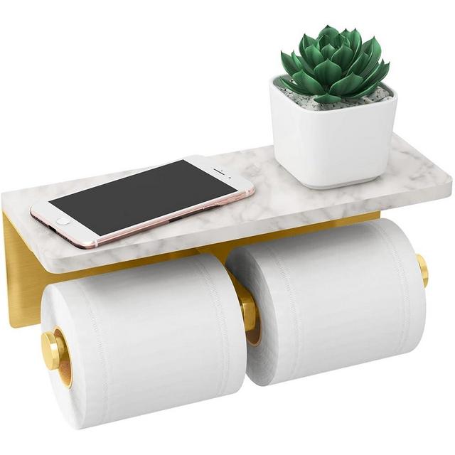 Brushed Gold Toilet Paper Holder with Shelf, New Upgrade Double Toilet Paper Holder with Storage, Marble Roll Toilet Paper Wall Mount for Bathroom Washroom