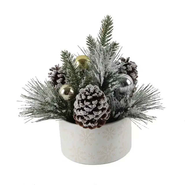 Flora Bunda Snowflake Pot 8.55-Inch Artificial Pine Christmas Arrangement in White