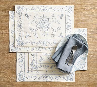 Chambray Floral Embroidered Cotton Placemats - Set of 4