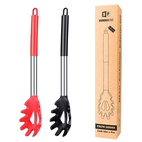 Pack of 2 Silicone Pasta Fork, Kitchen Heat Resistant Noodle Spoon Server, BPA Free Spaghetti Strainer,Best Cooking Tools (Black-Red)