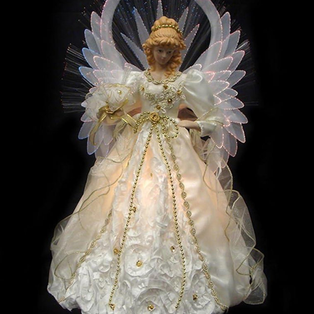Vickerman Lighted Cream and Gold Fiber Optic Angel Christmas Tree Topper, 19"