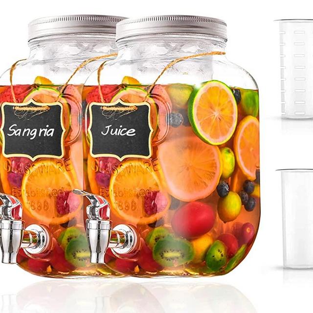 Eleganttime 1 Gallon Glass Drink Dispensers for Parties,2 Pack Beverage Dispenser with Fruit Infuser,Laundry Detergent Dispenser Punch Bowls Water Juice dispensers with Easy Flow Spigot for Outdoor