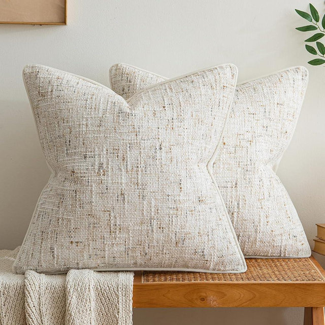 a moment Christmas Beige Reversible Pillow Covers 2 Pack - Farmhouse Chenille Throw Pillows, Neutral Textured Decorative Throw Pillow Covers with Border for Couch Sofa Bed (18x18 Inch, No Insert)