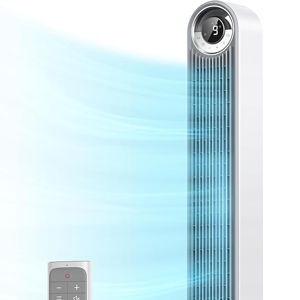 DREO Tower Fan for Bedroom, Upgrated DC 9 Speeds Ultra-Quiet Floor Fan, 90° Oscillating Fans for Indoors with 28ft/s Velocity, 12H Timer, Standing Fans, Bladeless Fan Powerful for Home Office Room