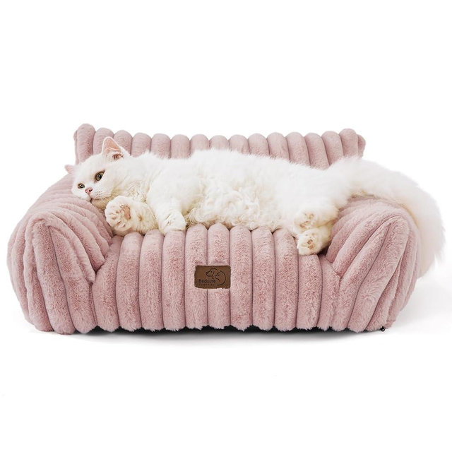Bedsure Cute Cat Couch for Pets - Fluffy Cat Sofa with Premium Soft Corduroy Fleece, Fuzzy Cat Couch Bed with Removable Washable Cover, Supportive Cat Chair for Indoor Cats, 24inch, Blush Pink