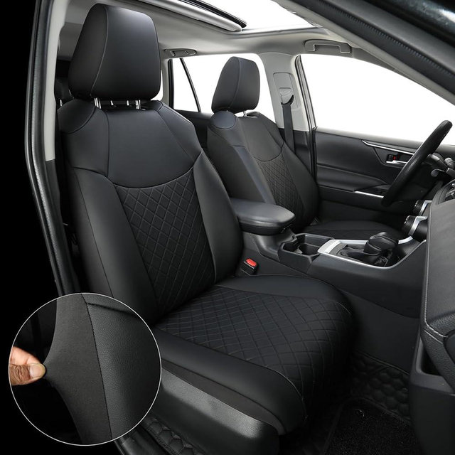 GIANT PANDA 2-Pack Front Car Seat Covers Custom Fit for Toyota Rav4 2019 2020 2021 2022 2023 2024 2025 Rav 4 XLE,LE,XLE Premium,Limited(Non-Hybrid&Adventure,TRD-Off)Faux Leather,Polyester Fiber(Black)