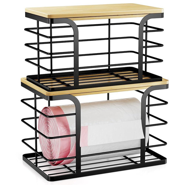 Stylstoreazy 2 Pack Trash Bag Holder,Wall Mount Garbage Bag Dispenser with Bamboo Top,Stackable Storage for Kitchen Laundry Organization,Large