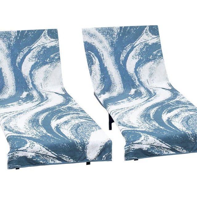COTTON CRAFT Pool Lounge Chair Cover - 2 Pack Waves Terry Jacquard Towel Chaise Lounge Chair Cover - 100% Ringspun Cotton Soft Beach Chair Cover - Oversized 32 in W x 82 in Length x 7 in Pocket – Blue