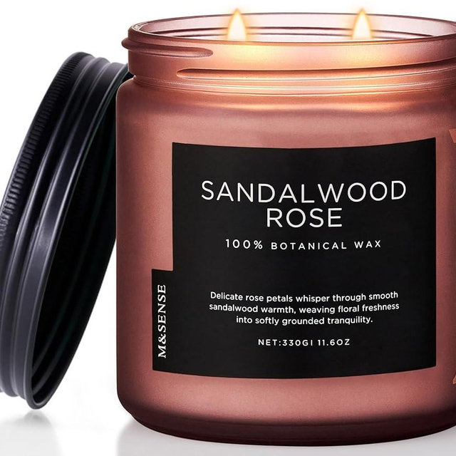 M&SENSE Sandalwood Rose Scented Candle - 11.6oz Natural Soy Wax Non Toxic 70-Hour Burn Long Lasting Candle, 2-Wick Strong Scent for Home - Slow-Burning Housewarming Gift for Men & Women