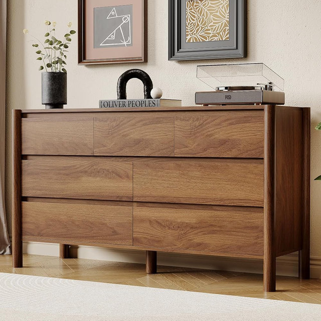 HOUROM 51" Wide 7-Drawer Dresser for Bedroom, Mid-Century Modern Chest with Solid Wood Legs, Concealed Handle,Large Wood Storage Organizer, Bedroom Storage,Walnut