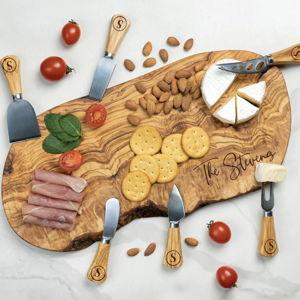 Live Edge Charcuterie Board Personalized Rustic Cheese Board Custom Olive Wood Board Live Edge Board 5th Anniversary Gift Wedding Gift - 14" board + 3pc Set