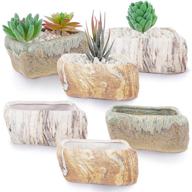 Blushtier 6 Pcs 5.3 Inch Ceramic Succulent Pots Stone Shape Bulk Rectangle Window Box Cactus Plant with Drainage Hole Succulent Planters Small Cactus Pots for Indoor Garden Office Table Decor Gift