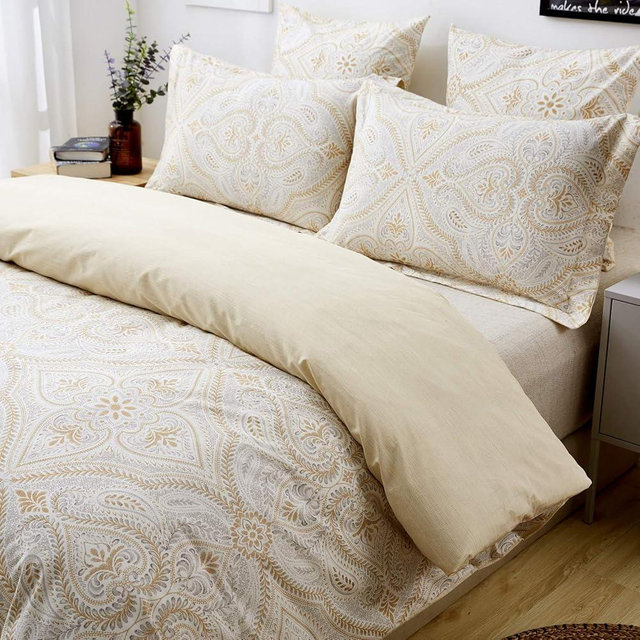 FADFAY Duvet Cover Set Queen Size Paisley Bedding 100% Cotton Ultra Soft Gold Classy Luxurious Bedding with Hidden Zipper Closure 3 Pieces, 1Duvet Cover & 2Pillowcases