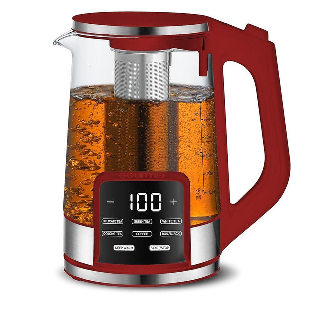 Gourmia Electric Glass Kettle – 1.7L Programmable Tea & Coffee Brewer with Digital Touch Display, 6 Presets, Removable Stainless Steel Infuser, Cordless with 360° Swivel Base, Red