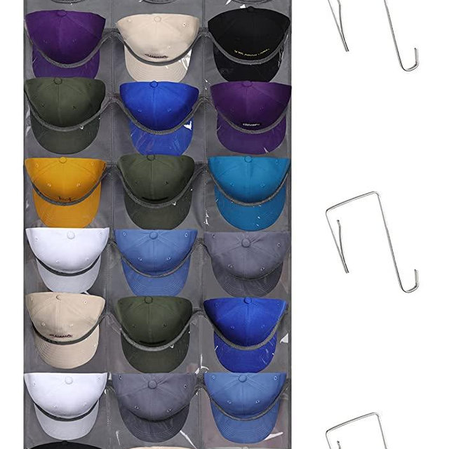 Dofilachy Hat Rack Organizer for Wall or Door, Hat Racks for Baseball Caps, Baseball Hat Organizer for Closet, Hat Storage with 24 Deep Pockets, Hat Holder Organizer with 3 Hooks