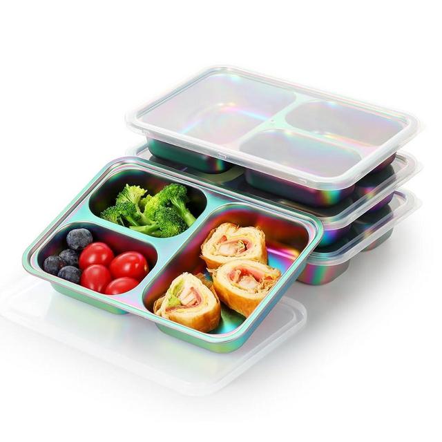 AIEVE Stainless Steel Kids Plates, 4 Pack Stainless Steel Portion Control Plate with Lids for Toddler 3 Compartment Non-Toxic (Rainbow)