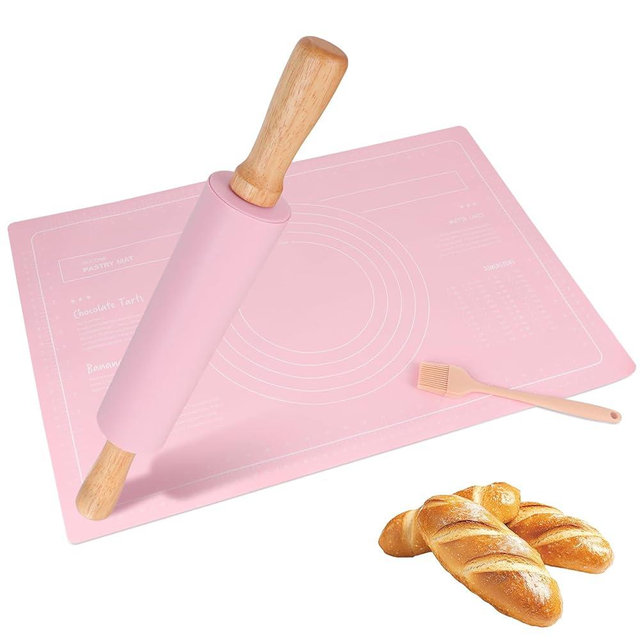 3Pcs Silicone Rolling Pin for Baking Sets,15Inch Pastry Dough Roller with Wooden Handle Silicone Mat and Brush, Non Stick Surface Rolling Pins for Dough Cookie Baking Supplies Kitchen Accessories