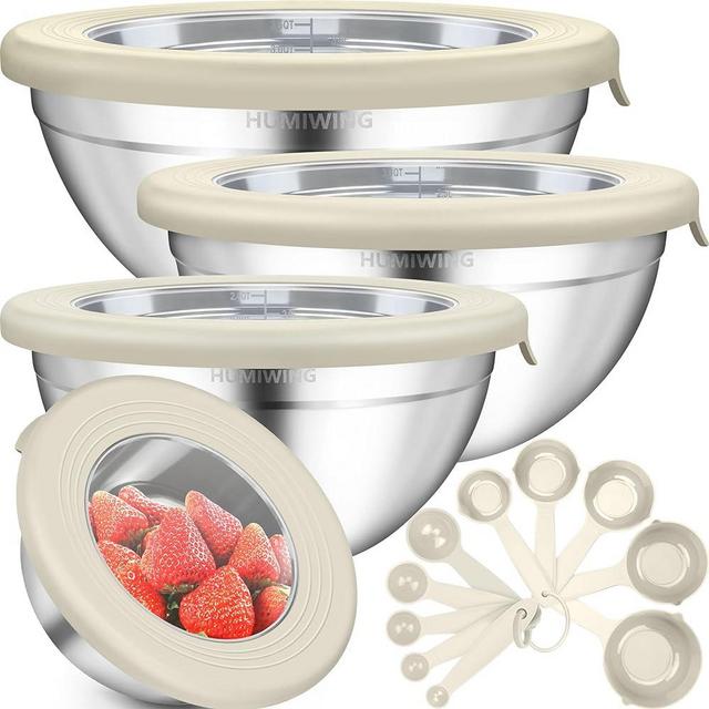 Humiwing Mixing Bowls with Lids Set, Stainless Steel Mixing Bowls, Metal Nesting Khaki Mixing Bowls, Stackable Measuring Spoons & Cups Set for Baking & Cooking