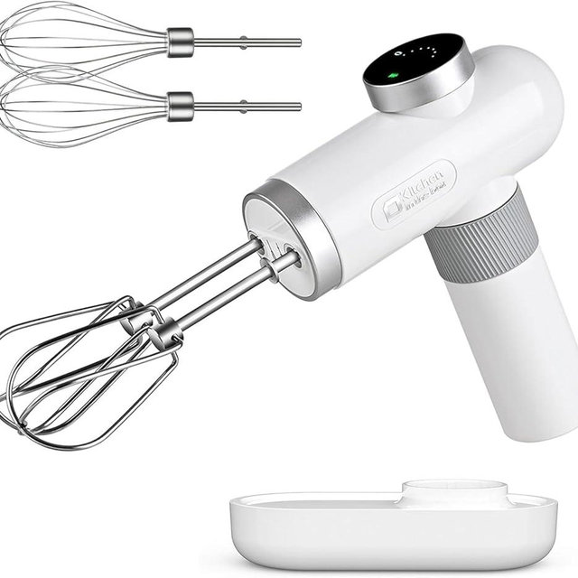 Kitchen in the box Cordless Rechargeable Handheld Mixer for Kitchen, Portable Electric Kitchen Mixer with Beaters, Whisks, 6-Speed Digital Display, Charging Base and USB-C Charge Cable (Pearl White)