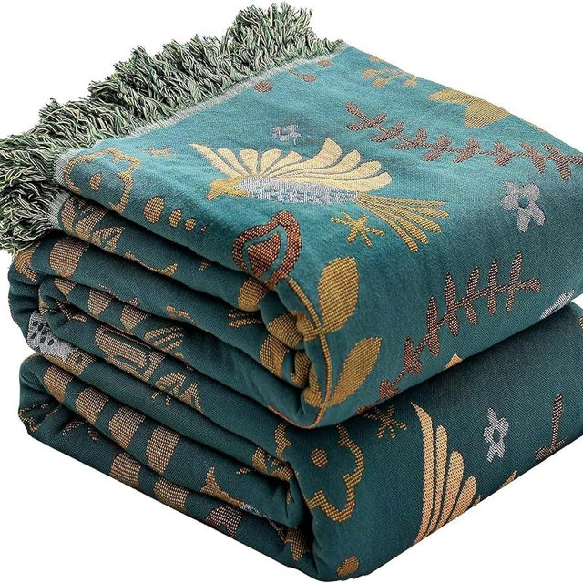 Boho Throw Blanket for Bed Couch 100% Cotton Woven Bed Throws for All Season Lightweight and Soft Cozy Farmhouse Reversible Muslin Decorative Blanket for Travel Picnic, Teal/Cream, 60''x80''