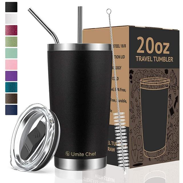 Umite Chef 20oz Tumbler Double Wall Stainless Steel Vacuum Insulated Travel Mug with Lid, Insulated Coffee Cup, 2 Straws, for Home, Outdoor, Office, School, Ice Drink, Hot Beverage（20 oz, Black）