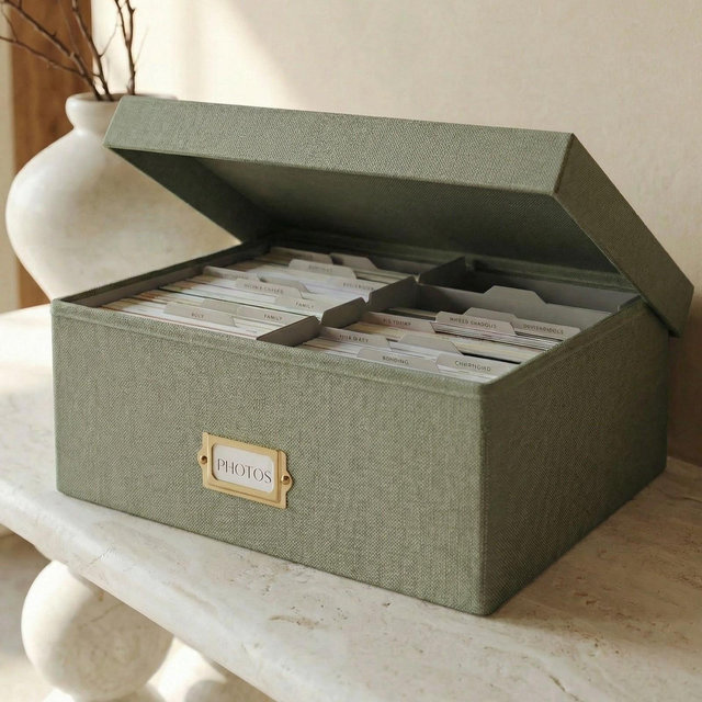 ZICOTO Decorative Photo Storage Box – Linen Organizer with Lid & Dividers for 1700 4x6 Photos