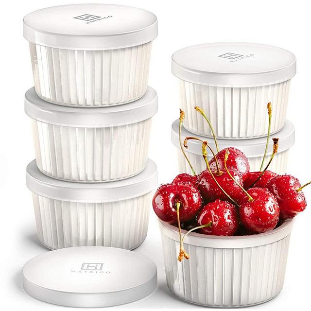 Hatrigo Porcelain Ramekins with Silicone Storage Lids, Set of 6 White Ramekins, 10 oz Oven Safe to 450 deg F, Dishwasher Safe