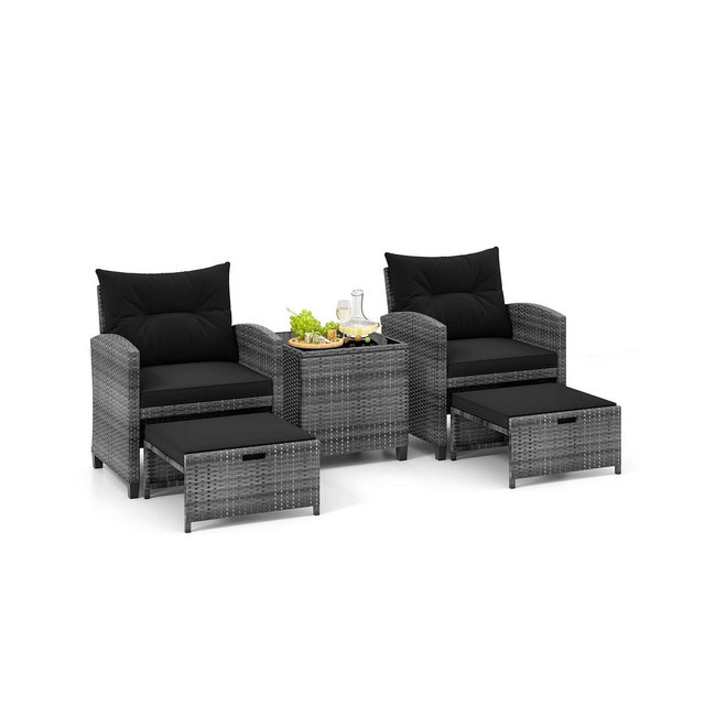 5 Piece Patio Rattan Furniture with 2 Ottomans & Tempered Glass Coffee Table