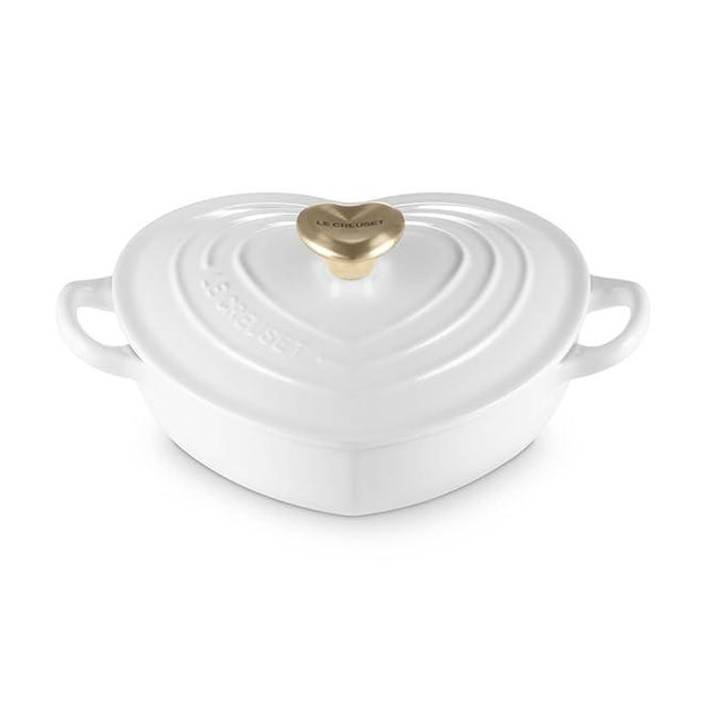 Le Creuset Enameled Cast Iron Traditional Shallow Heart Cocotte, 1.25 Qt., White Light Gold Heart Knob