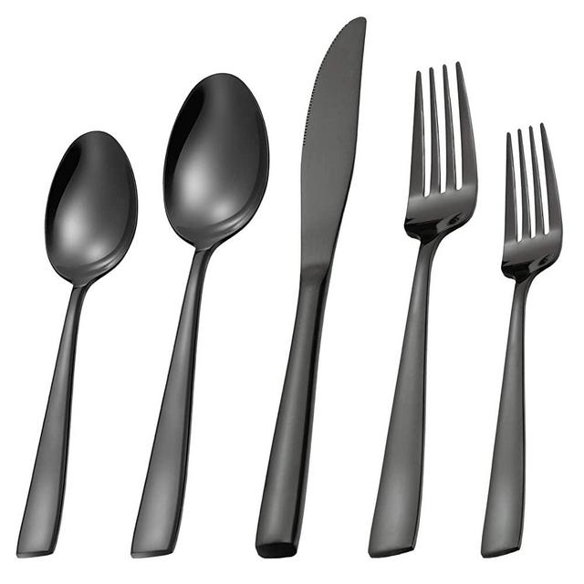 MEJAJU Black Silverware Set Stainless Steel Reusable Mirror Polished Flatware Set 20 Pieces, Utensil Service for 4, Tableware Cutlery Set for Home Kitchen Hotel Restaurant, Dishwasher safe