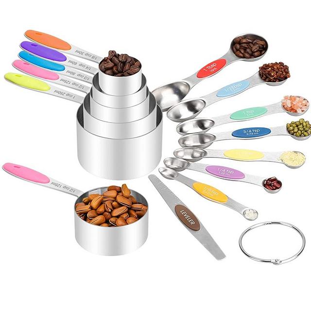 Measuring Cups and Magnetic Measuring Spoons Set, Stainless Steel 13 Piece Set, with Silicone Handle for Dry Liquid Ingredients, kitchen gadgets for Cooking & Baking