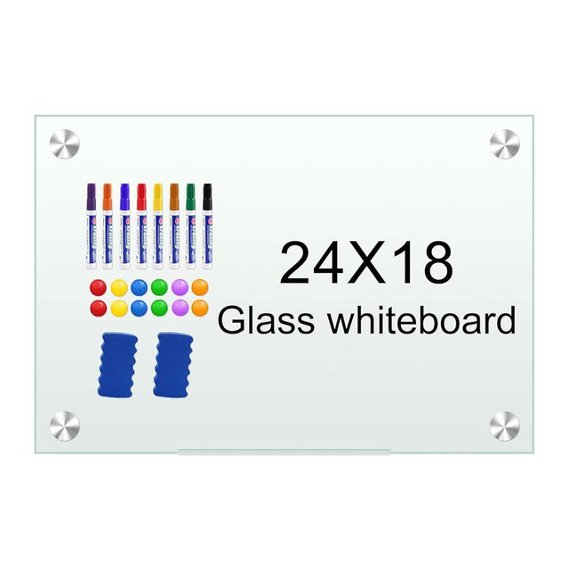 H-Qprobd White Board 24”x18“ Magnet Dry Erase Boards Frameless Magnetic Glass Whiteboard for Wall, Wall Mounted Whiteboard Includes 12 Magnets, 8 Markers and 2 Erasers