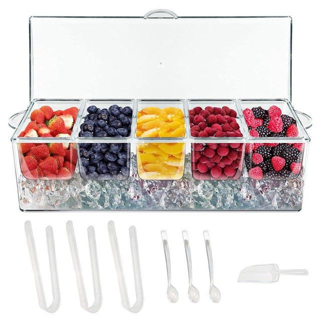 LucaSng Chilled Condiment Server with Lids,Serving Trays,Condiment Caddy with 5 Containers,Ice Fruit Tray Platter for Bar Accessories,Salad,Taco,Party Garnish
