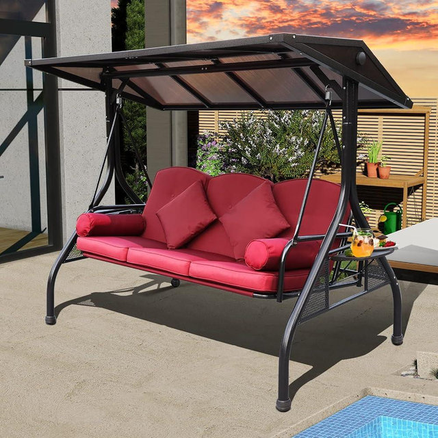 NOBLEMOOD Hardtop Patio Porch Swing, 3 Seat Outdoor Swing with Convertible Backrest, 2 Side Cup Holder, Thickened Cushion, 4 Pillows for Adult, Garden, Lawn
