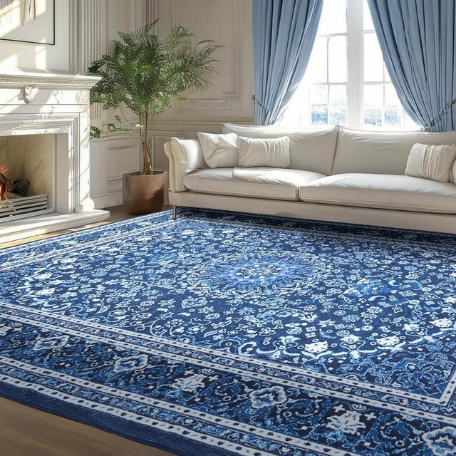 Lessymo Area Rugs 9x12 Living Room, Large Area Rug Machine Washable Area Rug for Bedroom Living Room, Vintage Rugs Boho Floral Medallion, Non-Slip Rubber, Low Pile, Kid & Pet Friendly, Blue White