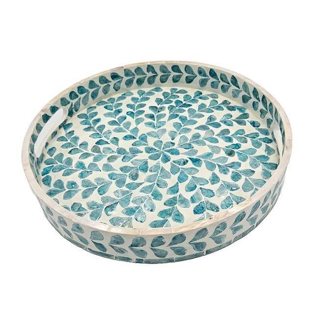 PEMAR 12.6” Mother of Pearls Lacquer Inlaid Round Serving Tray with Handles, Round Coffee Table Tray Decorative, Nacred Wooden Ottoman Trays, Decorative Platter Basket Trays (Teal Floral)