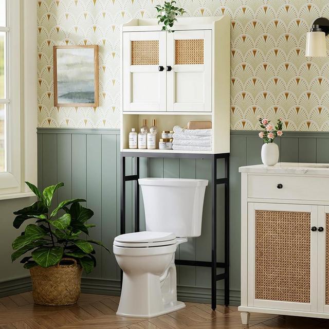 MXARLTR Over The Toilet Storage Cabinet, Bathroom Organizer Over Toilet Storage, Rattan Doors Over The Toilet Storage Soft Hinges Above Toilet Bathroom Storage Over-The-Toilet Storage (Cream White)